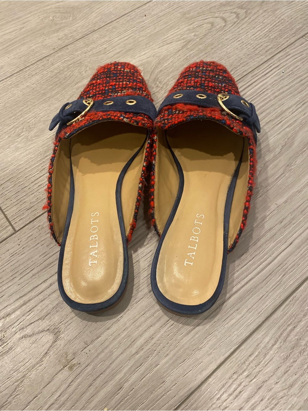 Talbots Red Tweed Mule Loafers with Navy Accent 8 1/2M